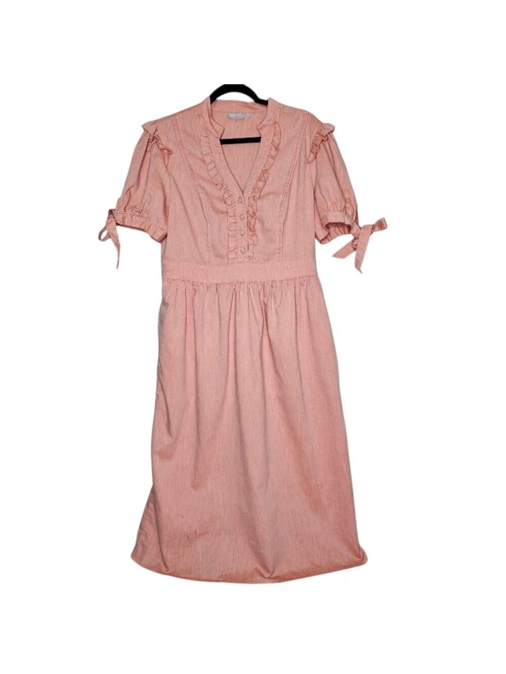 EShakti L Pink Midi Dress Ruffle Tie Sleeve Button Cottage Coquette Feminine